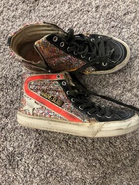 Golden Goose Women’s Black High-Top Sneakers with Multicolor Glitter & Red Trim
